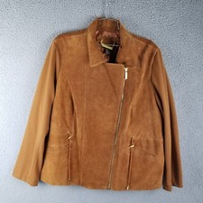 Iman Global Chic Leather Moto Jacket Woman Plus 1x Brown Stretch Sleeves
