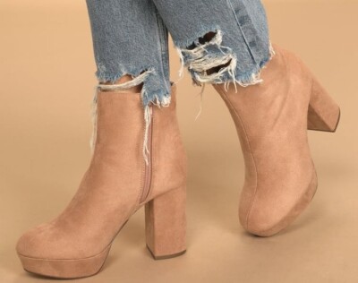 New With Box Lulu's Layne Camel Suede Platform Ankle Booties Women's Size 