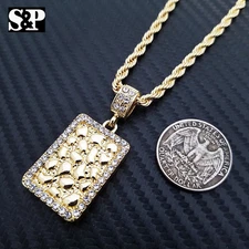 Iced Gold PT Golden Nugget Bar Pendant & 24" Rope Chain Hip Hop Fashion Necklace