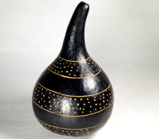 Rare Africa Calabash Gourd Shaker Carved Burnished Rattle Incised Decoration