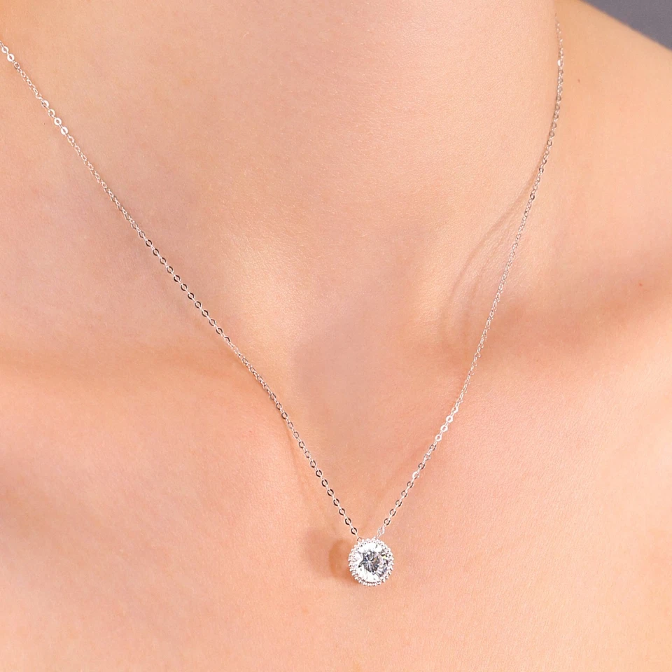 Collar colgante solitario redondo brillante circonita cúbica de oro blanco macizo real de 14K de 1 quilate Foto 2 de 4