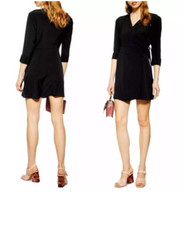 Topshop 3/4 Sleeve Belted Wrap Mini Dress Black Small V-Neck Date Night, Party