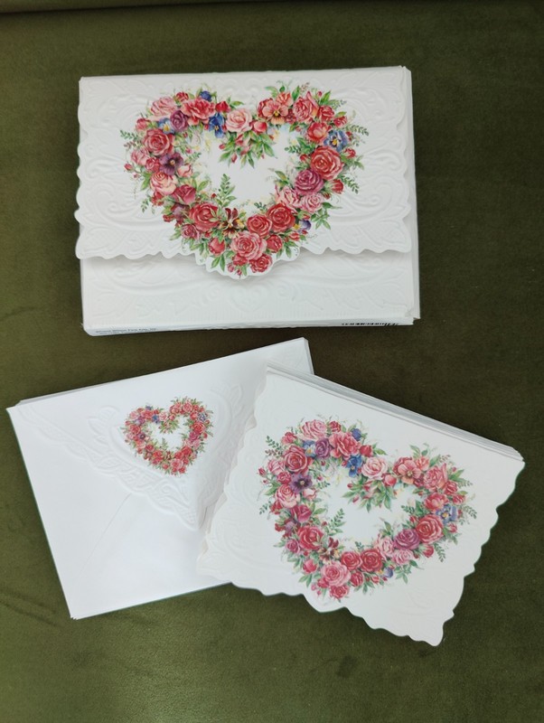 9 Carol Wilson Fine Arts Embossed Blank Note Cards+Envelopes: Rose Heart Wreath