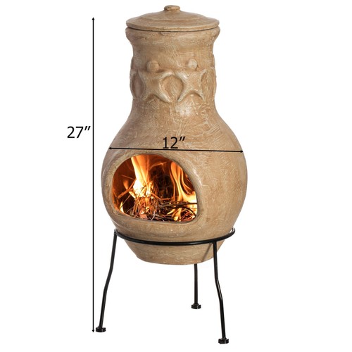 Outdoor Clay Chimney Maya Design Charcoal Burning Fire Pit & Sturdy Metal Stand - Picture 4 of 7