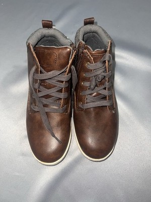 Cat & Jack Brown Faux Leather Ankle Boots Lace-Up Side Zip Round Toe
