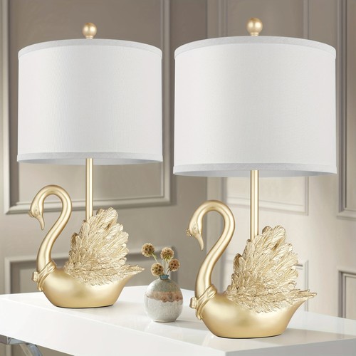 2Pc Gold Swan Table Lamps Modern Brass LED Bedroom Living
