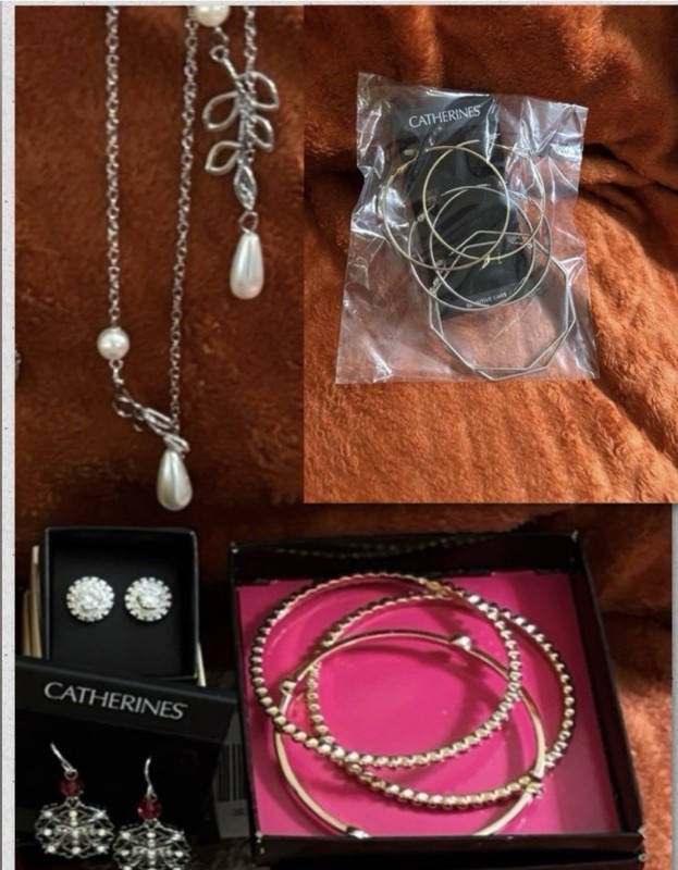 4 pr Catherine’s earrings; 1 pr Avon earrings; Avon bracelets; Lariat necklaces.