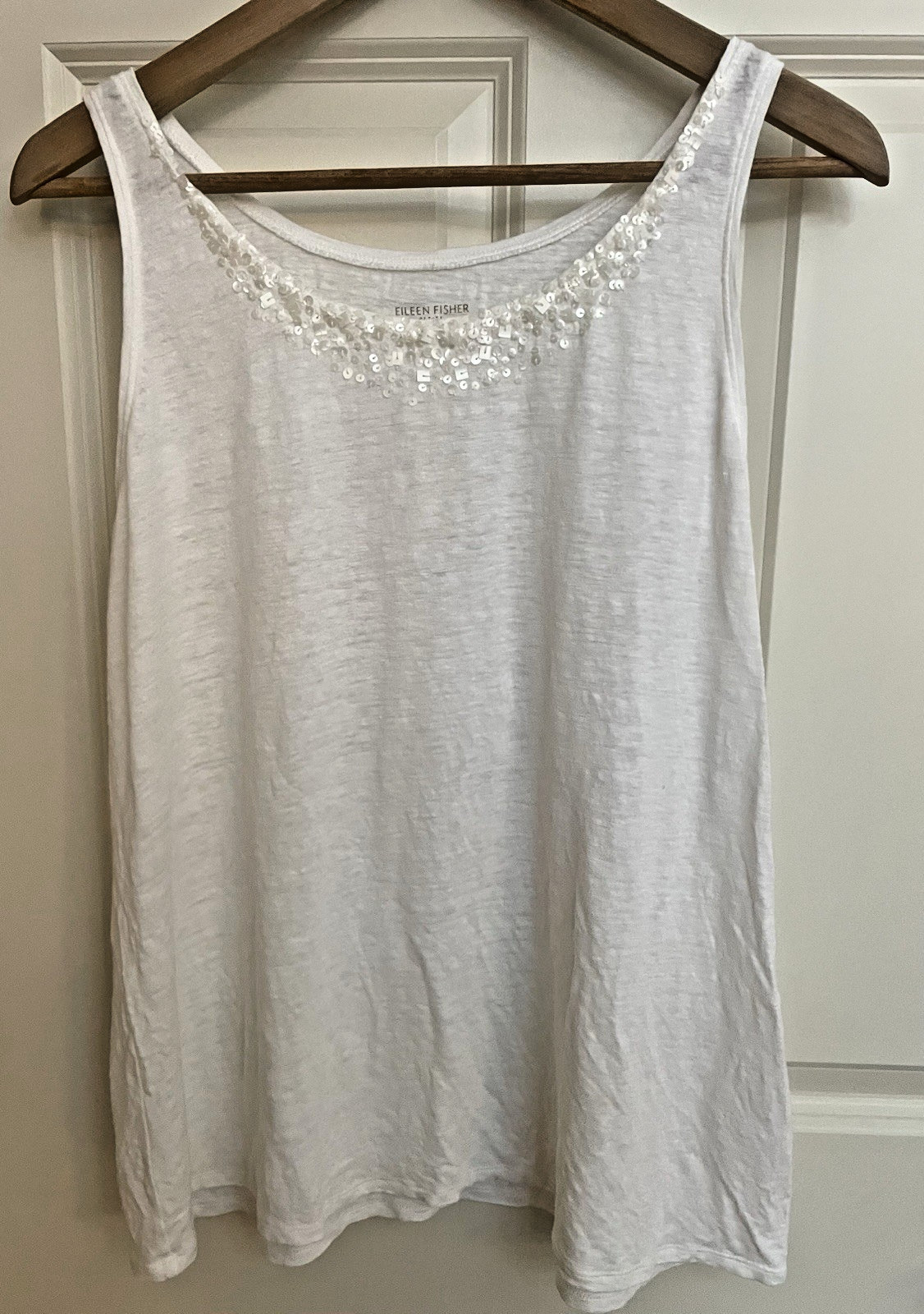 Eileen Fisher Women's White Linen Sequins Sleeveless Top Size PL Beach Boho