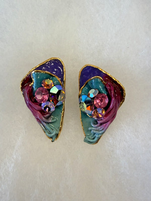 Vintage Lacombe 1980's Wearable Art Statement Signed 2'' Pierced Earrings