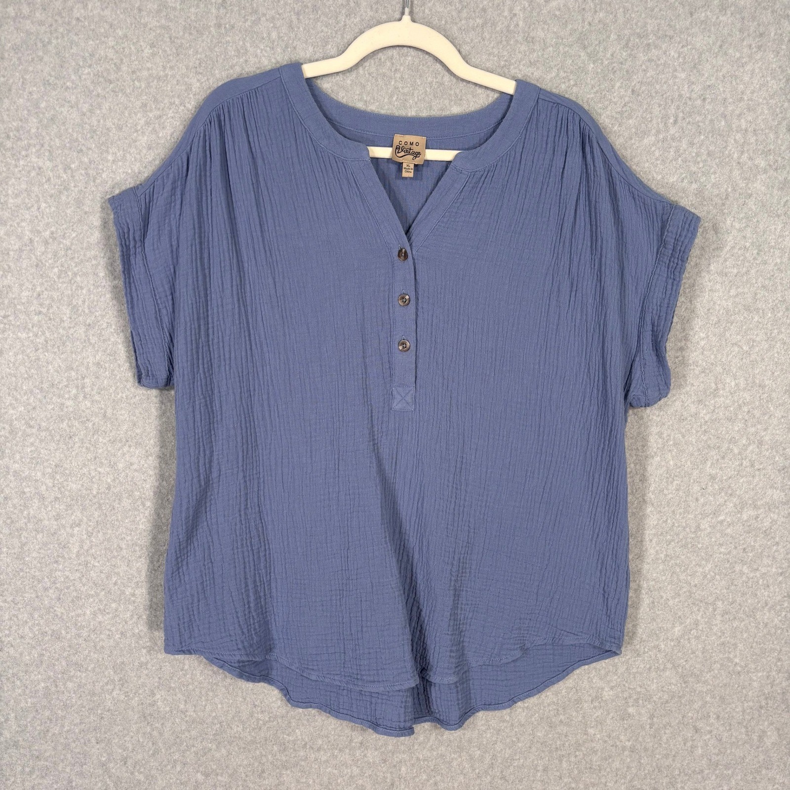 Como Vintage Gauze Top XL Blue Henley Cotton Popover Lagenlook Oversized Cruise