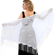White Lace Shawl Triangle Lace Shawls and Wraps with Fringe Floral Laces Shawl