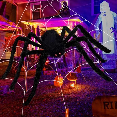 Lighted Halloween SpiderWebs Outdoor Decor w/ Giant Fake Spider for House Yard