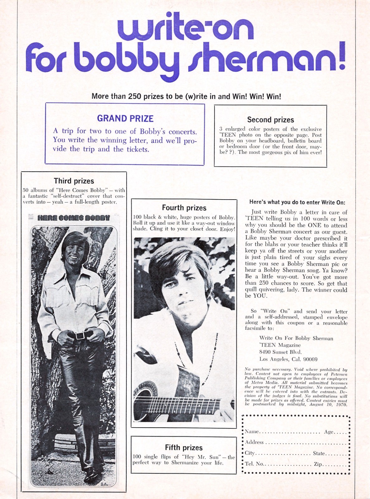 Bobby Sherman Color Portrait & Write On Contest 1970 Teen Magazine Mag ...