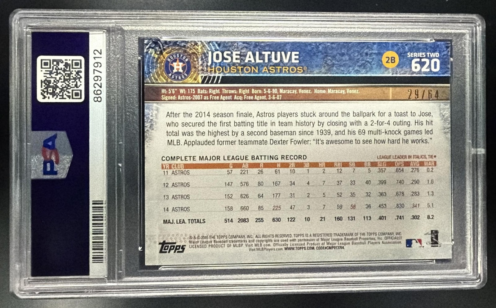 2015 Topps Jose Altuve #620 Black 29/64 Astros PSA 10 view 2