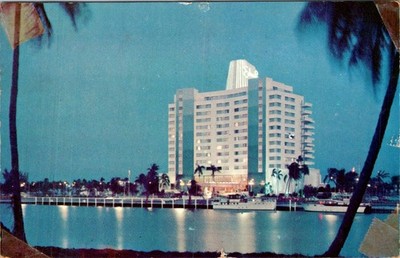 1957 Miami Beach Eden Roc Hotel Linen Postcard MiMo Tower Morris Lapidus