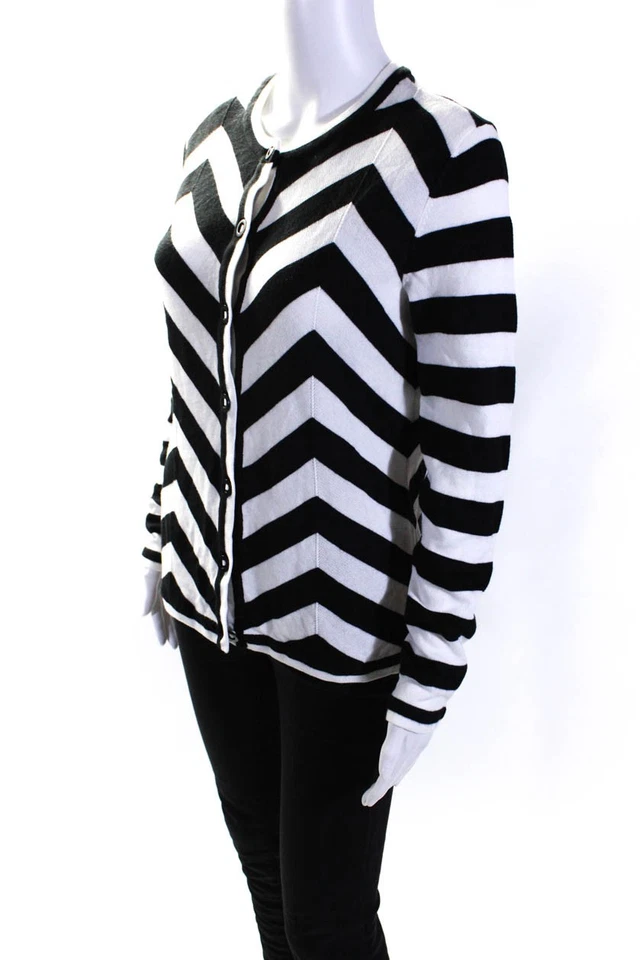 Cárdigan Suéter Foxcroft Mujer Botón Frontal Chevron Blanco Negro Talla Pequeña Foto 2 de 4