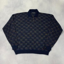 Vintage Abstract Knitted Jumper Patterned Grandad Knit Sweater Men's L