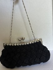 Black Woven Clutch Evening Bag Rhinestone Frame Kiss Lock Silver Chain Strap
