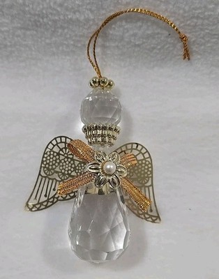 Crystal Angel Ornament with Delicate Gold Metal Filigree Wings 3'' Christmas Deco