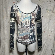 FUZZI ARTSY RENAISSANCE PRINTED MESH LONG SLEEVE TOP