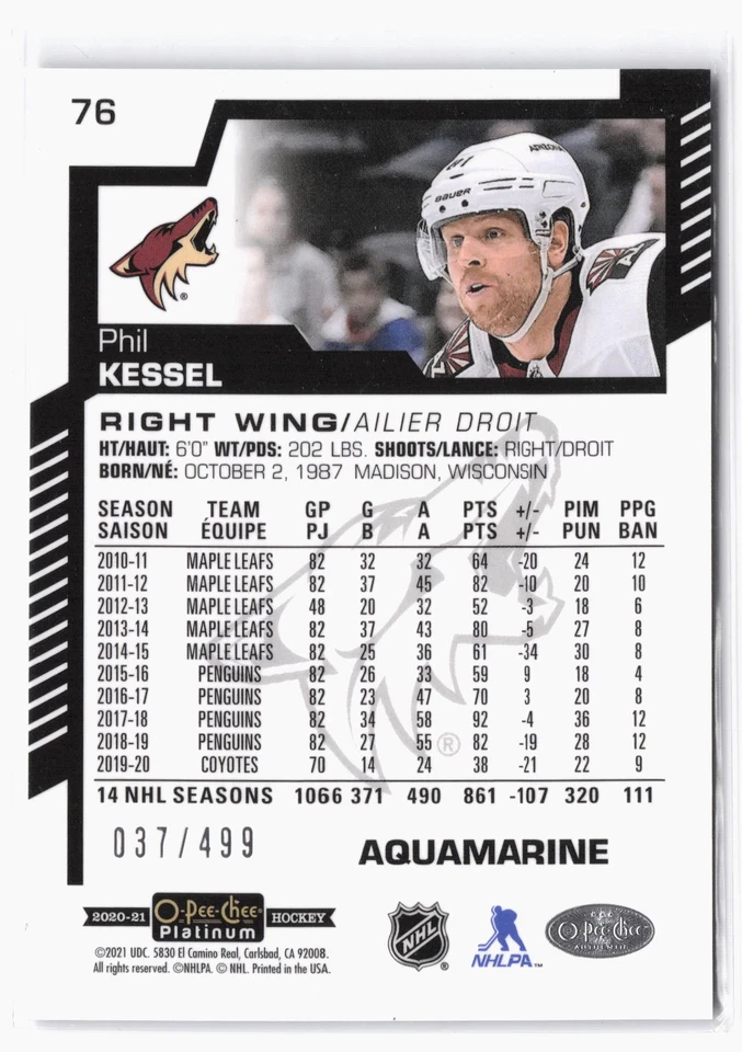 2020-21 O-Pee-Chee Platinum Aquamarine #76 Phil Kessel #/499 Arizona Coyotes SP - Image 2 of 2