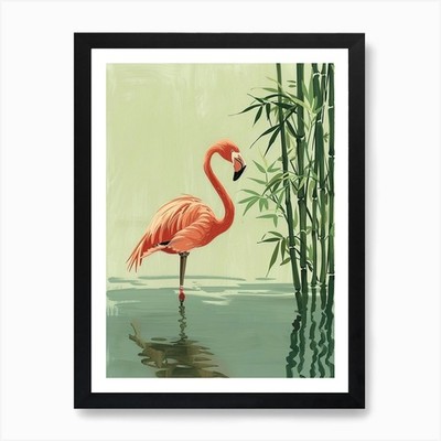 American Flamingo And Bamboo Minima Framed Wall Art Poster Canvas Print Picture