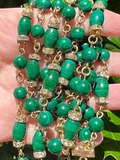 VINTAGE MULTISTRAND LARGE FAUX GREEN MALACHITE RHINESTONES STATEMENT NECKLACE