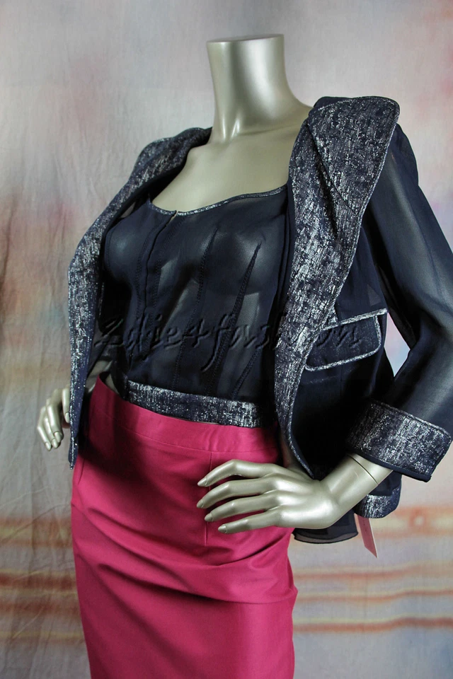 $3490 Nuevo NINA RICCI Azul Marino Plateado Metálico Seda Transparente Chaqueta Top Chaleco 40 8 Foto 4 de 4