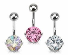14G SOLITAIRE Titanium PRONG SET ROUND CZ GEM BELLY BUTTON NAVEL RING Jewelry