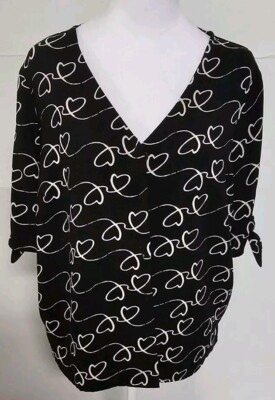 Apt 9 Button Down Black W White Hearts Blouse V Neck Short Sleeves W Ties Size L