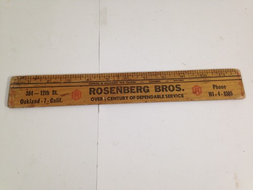 Antique Rosenberg Brothers Advertising 12" Wood Ruler Oakland CA Hatters Tailors