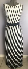 Preowned $129 Ann Taylor White/ Black Striped Sleeveless Belted Long Maxi Dress