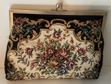 Vintage 1950s Needlepoint Embroidered Black Floral Small Handbag With Clasp VGC