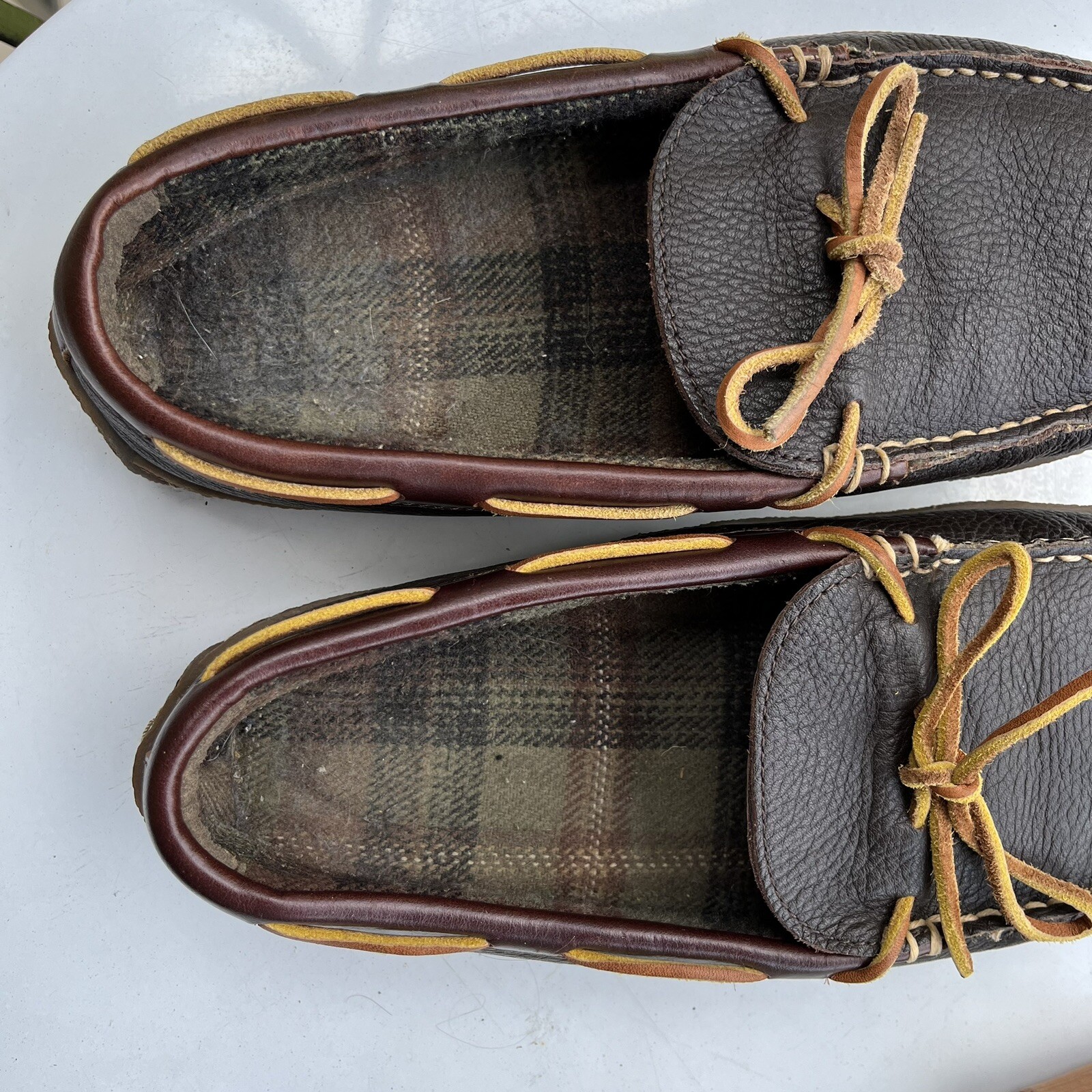 LL Bean Handsewn Leather Flannel Lined Moccasin Slippers Men&rsquo;s 11 Brown 212164