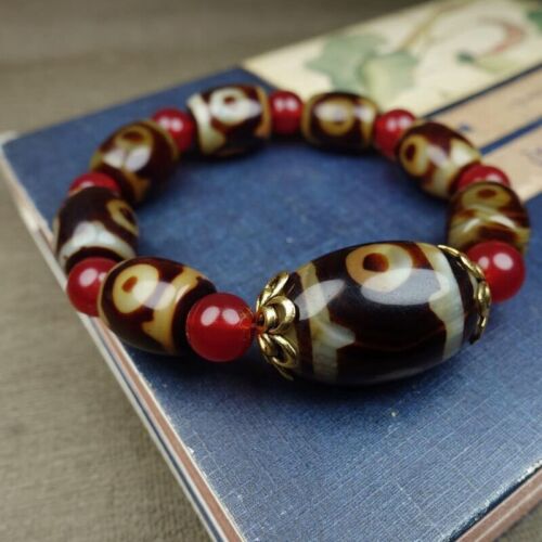 Altes Tibetisches Buddhismus Natur Achat 3 Augen Dzi Perlen Armband Perlenarmband - Bild 4 von 6