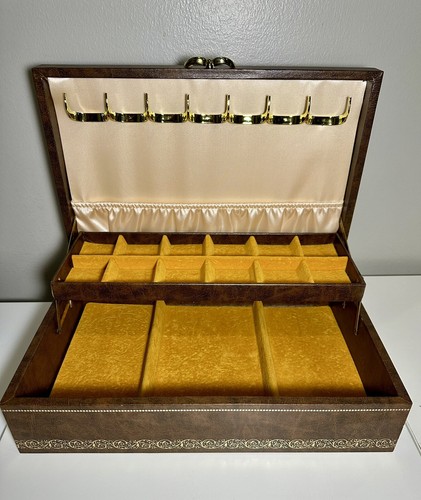 Vintage Mele Schmuckkästchen groß zweistufig Filzboden braun Kunstleder 12 x 7,5 x 3