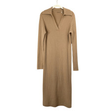 Elie Tahari wool cashmere blend ribbed knit sweater midi dress Sz L caramel tan