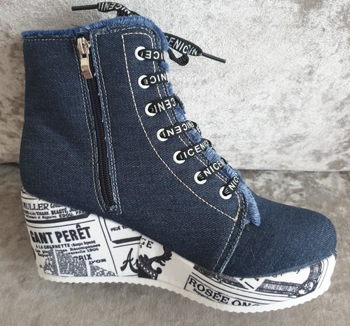 Blue Denim Newspaper Print Graphitti Graphics Platform Wedge Ankle Shoe Boots 5