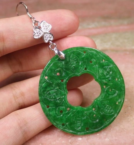 925 Sterling Silver Hook Green Jade Circle Flower 5 Bats Fortune Dangle Earrings - Picture 4 of 6