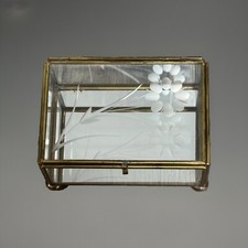 Vintage Clear Glass Trinket Jewelry Box Etched Flowers Hinged Lid Mirror Base 