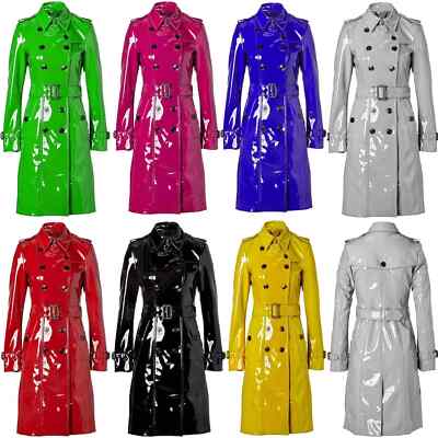 Damen Trench Vinyl Glänzend Gothic Mantel PVC Emo Top Qualität Multi Kunstleder Mantel