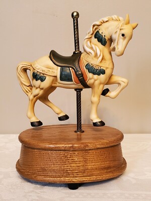 Vintage WILLITTS Inc Wind Up Musical Carousel Horse on Wooden Base