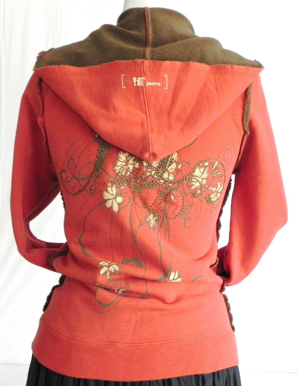 !it Jeans Hoodie Jacket Full Zip Orange Cotton Pockets Embroidery Trim M(fitsXS)
