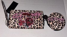 Ed Hardy Zip Around Wallet  Pouch Leopard Pink Roses Rhinestones Skull Zipper