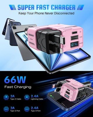 W&O 4 IN 1 Retractable Car Charger Cable Dual Port USBC PD Fast Charging Adapter
