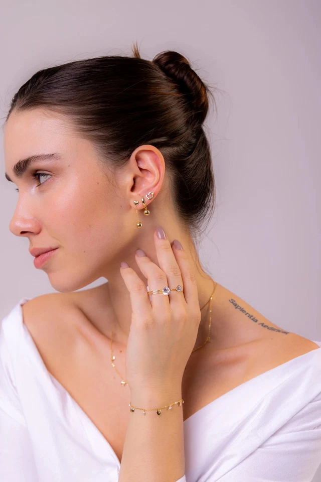 Pulsera Oro Amarillo Sólido 18k Corazón Circón Bola Mariposa Mujer Foto 3 de 4