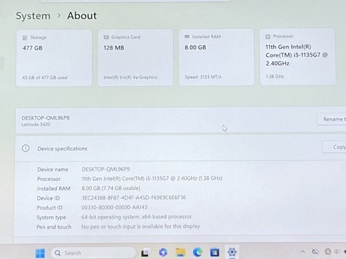 Dell Latitude 3420 14" i5-1135G7@GHz 8GB RAM 512GB Win 11 Pro - CLP13A - Picture 2 of 12