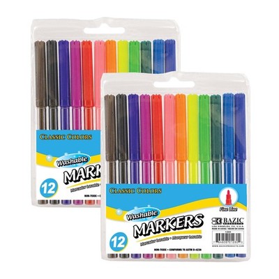 BAZIC PRODUCTS 12 Classic Colors Washable 1 Count (Pack of 2), 12-count