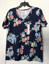 Croft & Barrow Women's Essential V-Neck Tee Size L, Navy Floral Wash  NWT