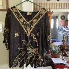 1970s Sequin Disco Beaded Top Art Deco Asymmetrical Vintage Silk Blouse Sz40 9